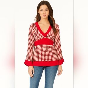 Saint Tropez West Y2k Silk V-Neck Polkadot Babydoll Top Large Kimono Sleeves